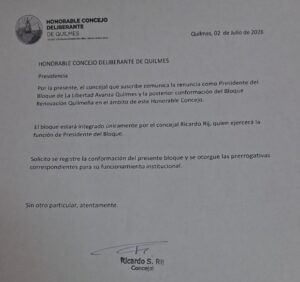 Nota presentada por el concejal Rij para la conformación del monobloque "Renovación Quilmeña"