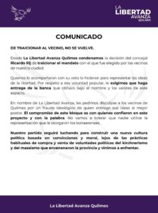 Comunicado publicado por La Libertad Avanza tras la salida del Concejal Rij del bloque.