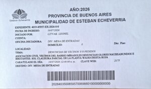 Denuncia presentada por vecinos del barrio Miraflores contra la contaminación generada por la Empresa Cresta Roja.