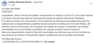 Pronunciación de la conducción de Suteba Almirante Brown sobre el caso de la EES N°6.
